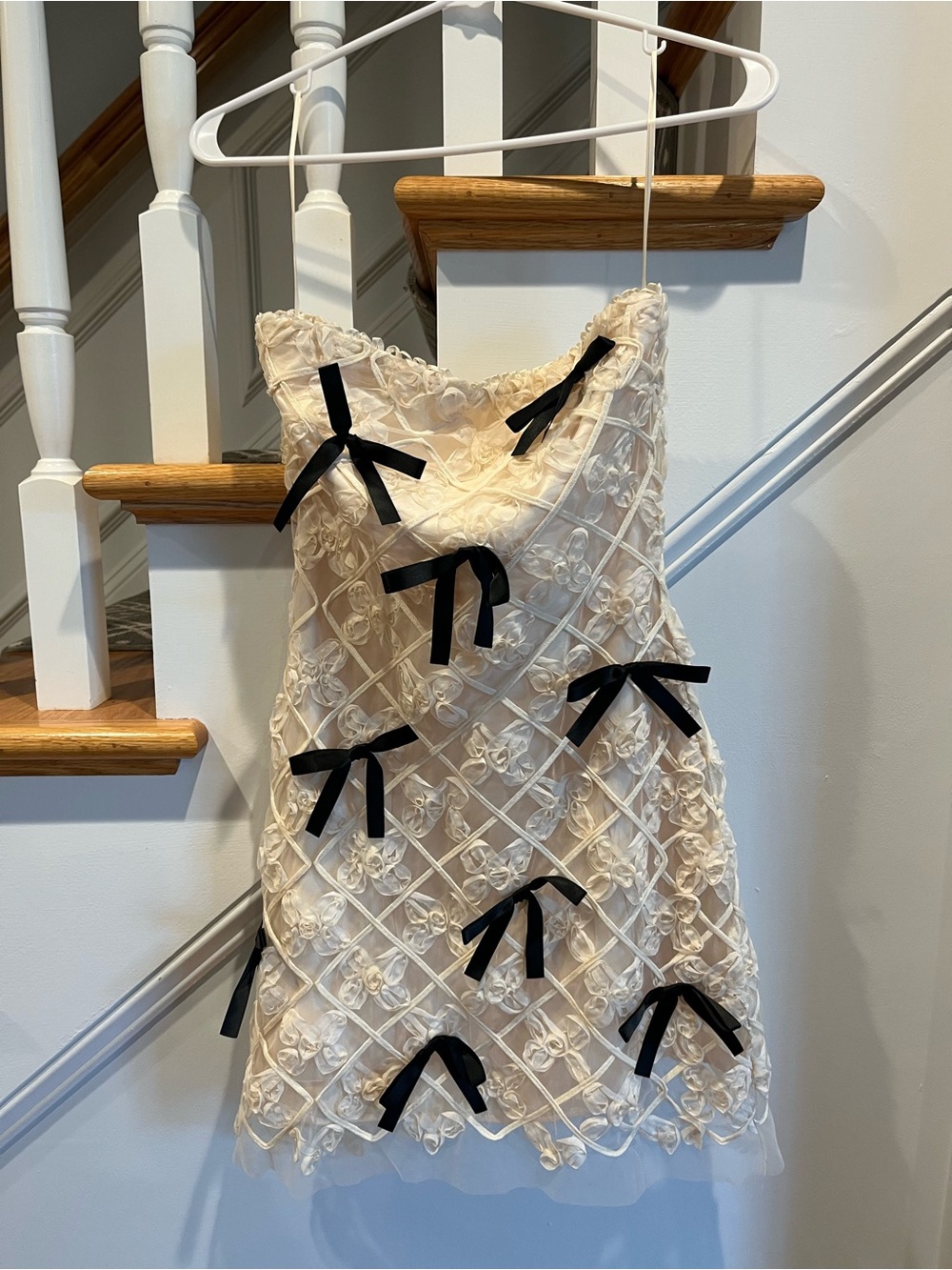Ivory Mini Dress with Black Bow Accents - Feminine Occasion Dress